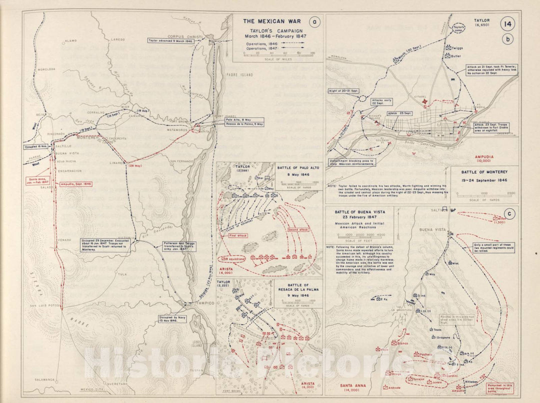 Historic 1962 Map - The West Point Atlas of The Civil War - Mexican War - Palo Alto; Resaca de la Palma;Monterey;Buena Vista;1846-1847