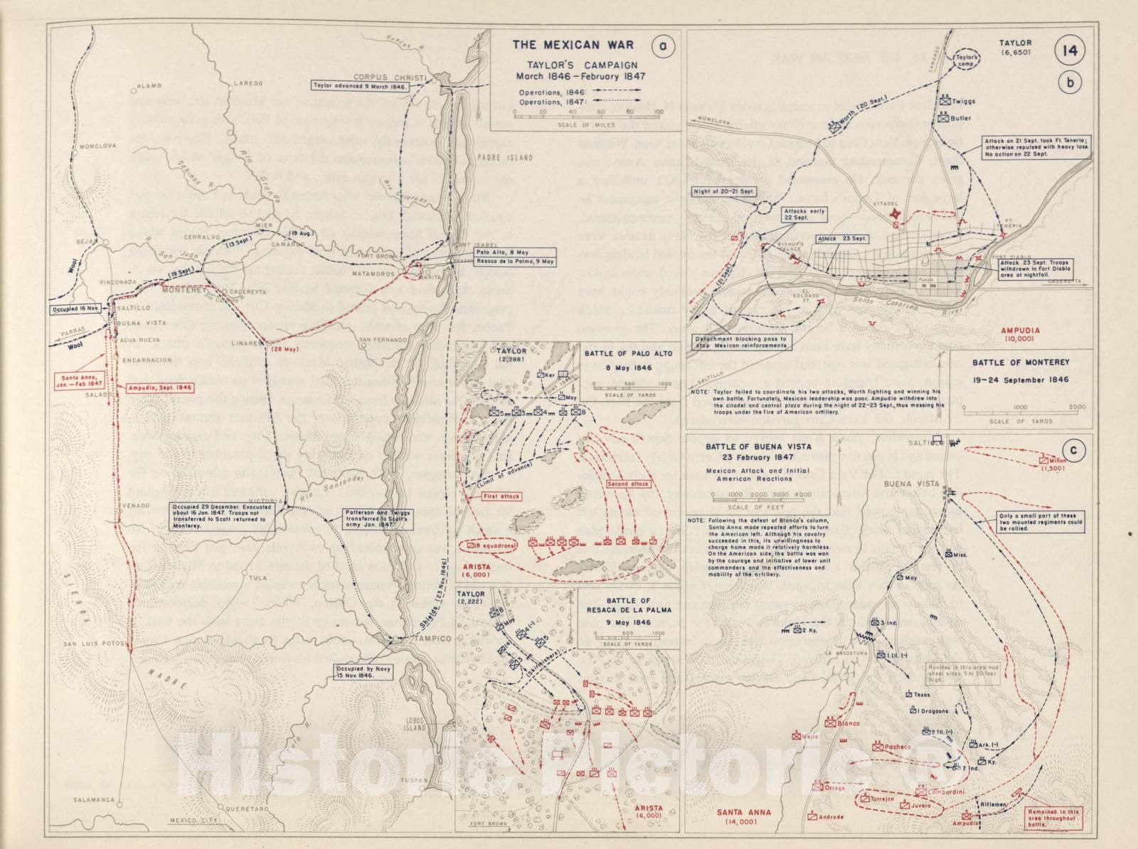 Historic 1962 Map - The West Point Atlas of The Civil War - Mexican War - Palo Alto; Resaca de la Palma;Monterey;Buena Vista;1846-1847