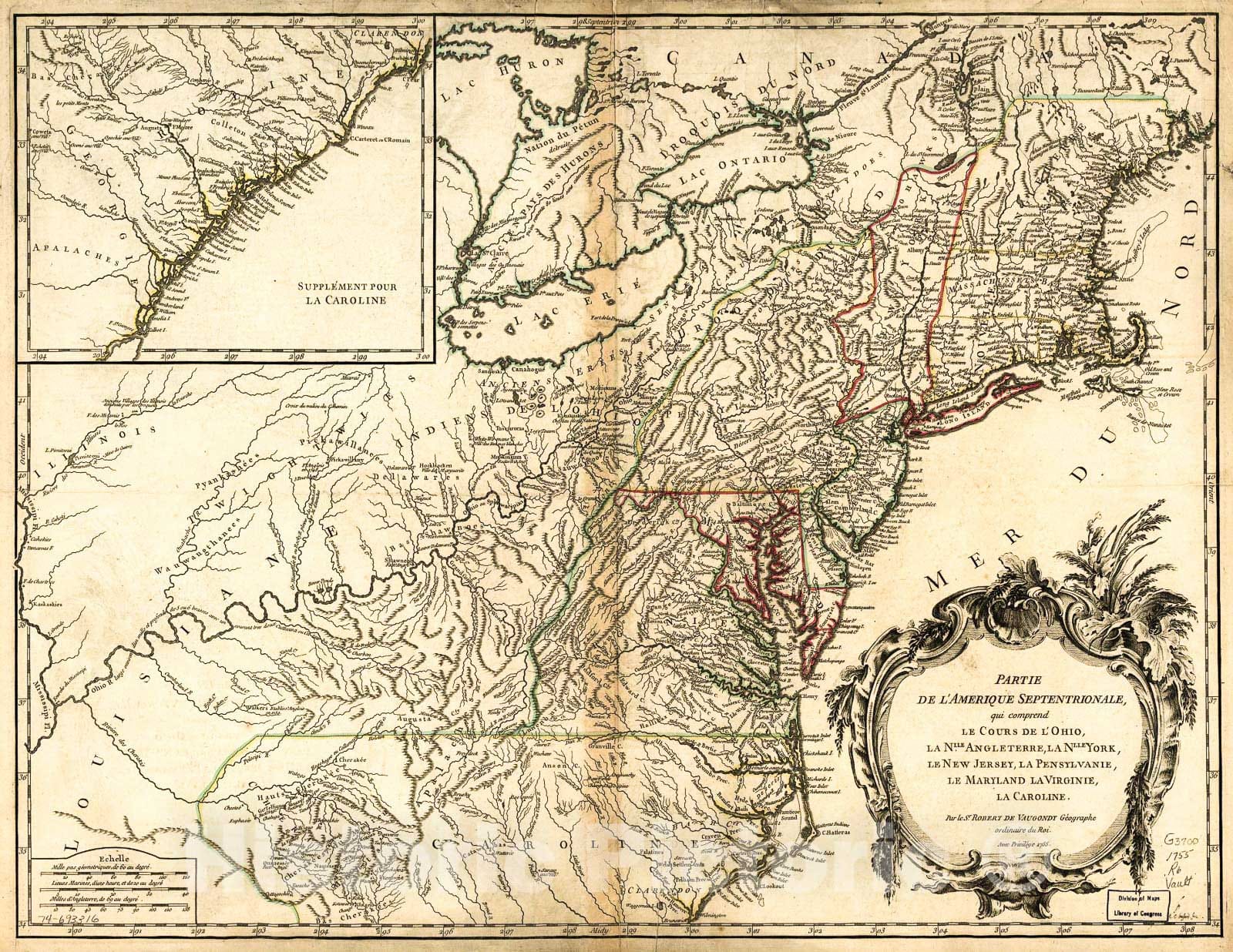 Historic 1755 Map - Partie de l'AmÃ©rique septentrionale, l'Ohio, la Nlle. Angleterre, la Nlle York, le New Jersey, la Pensylvanie, le Maryland, la Virginie, la Caroline.