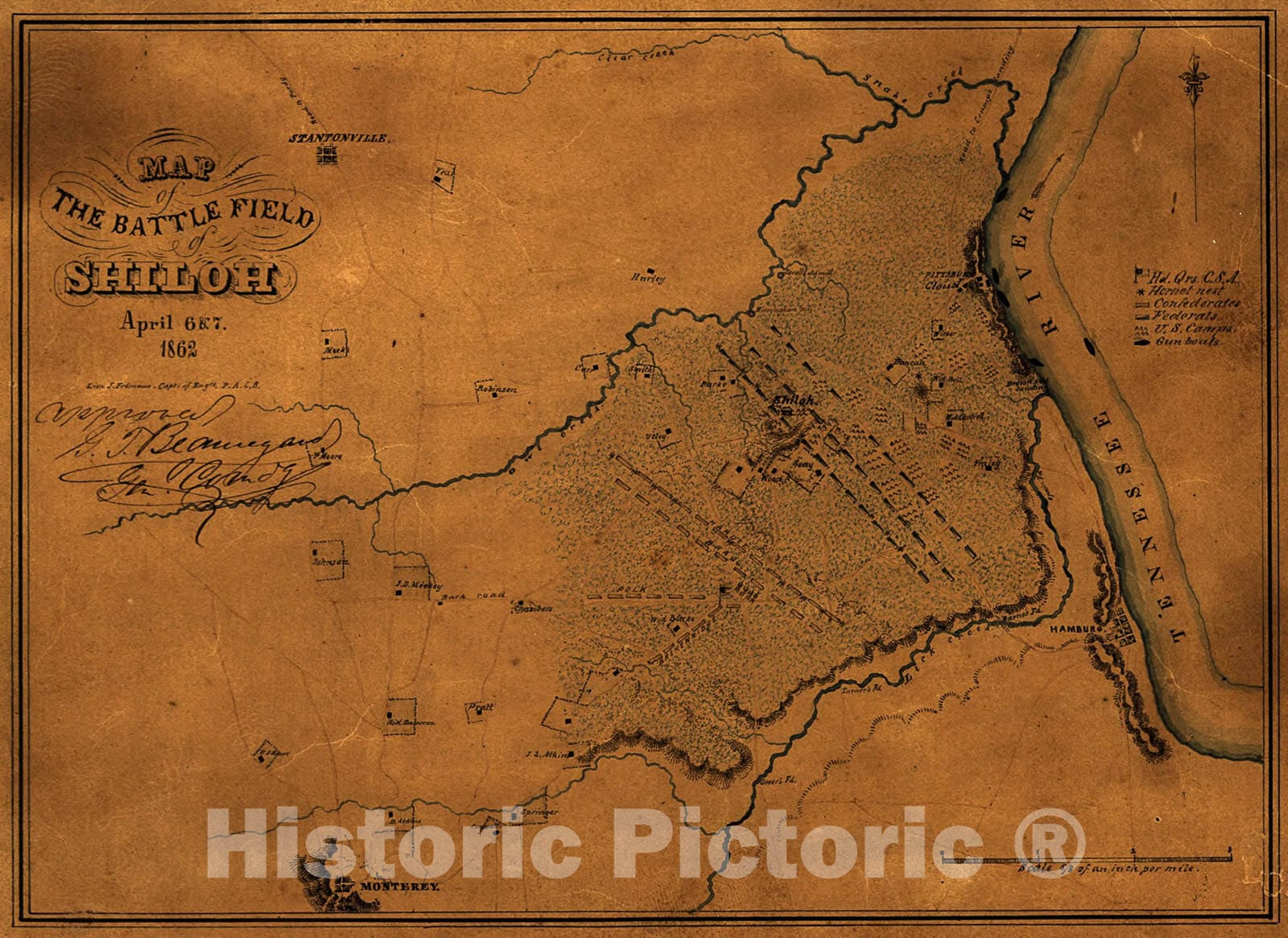 Historic 1862 Map - Map of The Battle Field of Shiloh, April 6 & 7, 1862