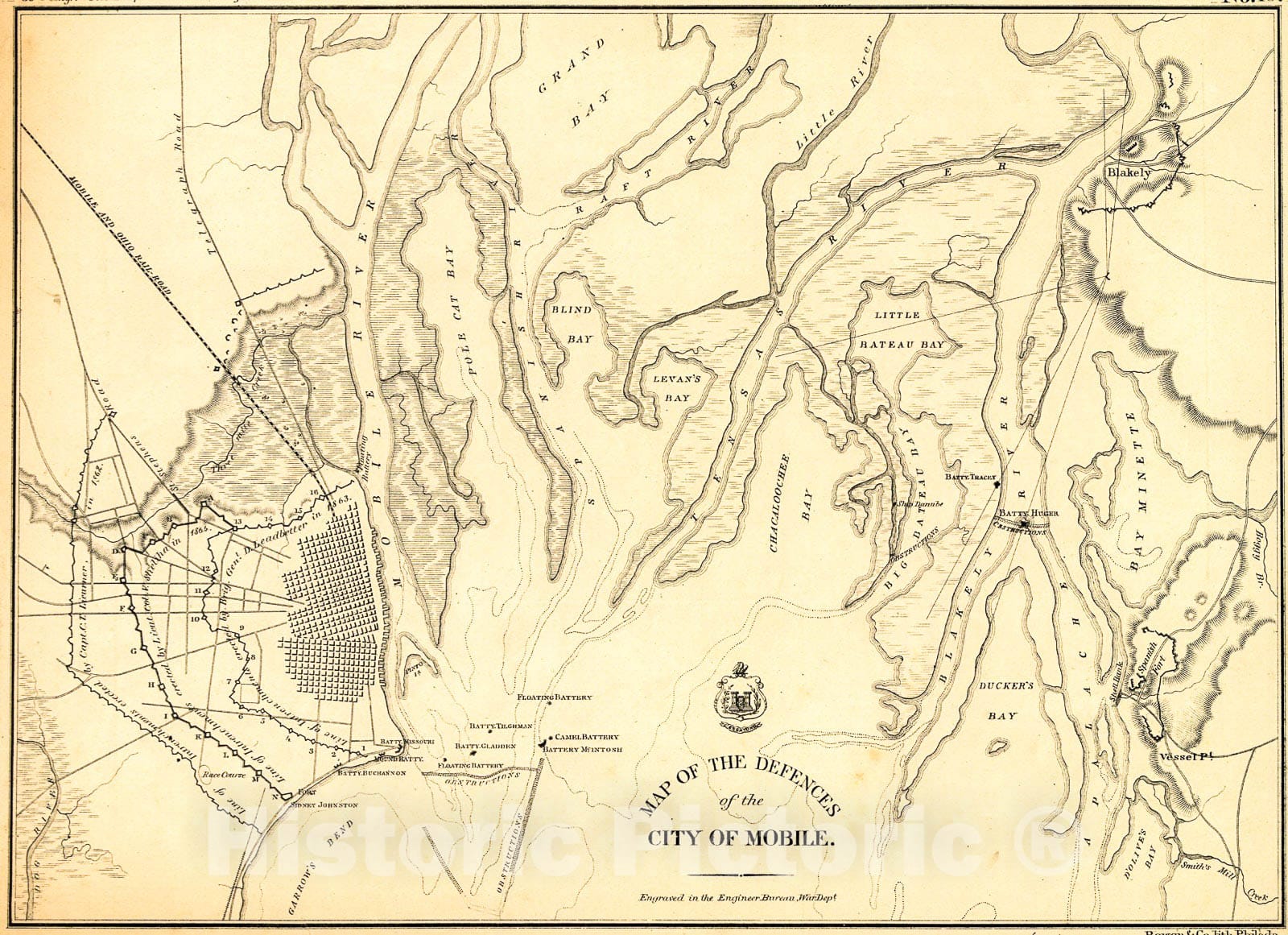 Historic 1866 Map - Map of The defences of The City of Mobile. 1862-64