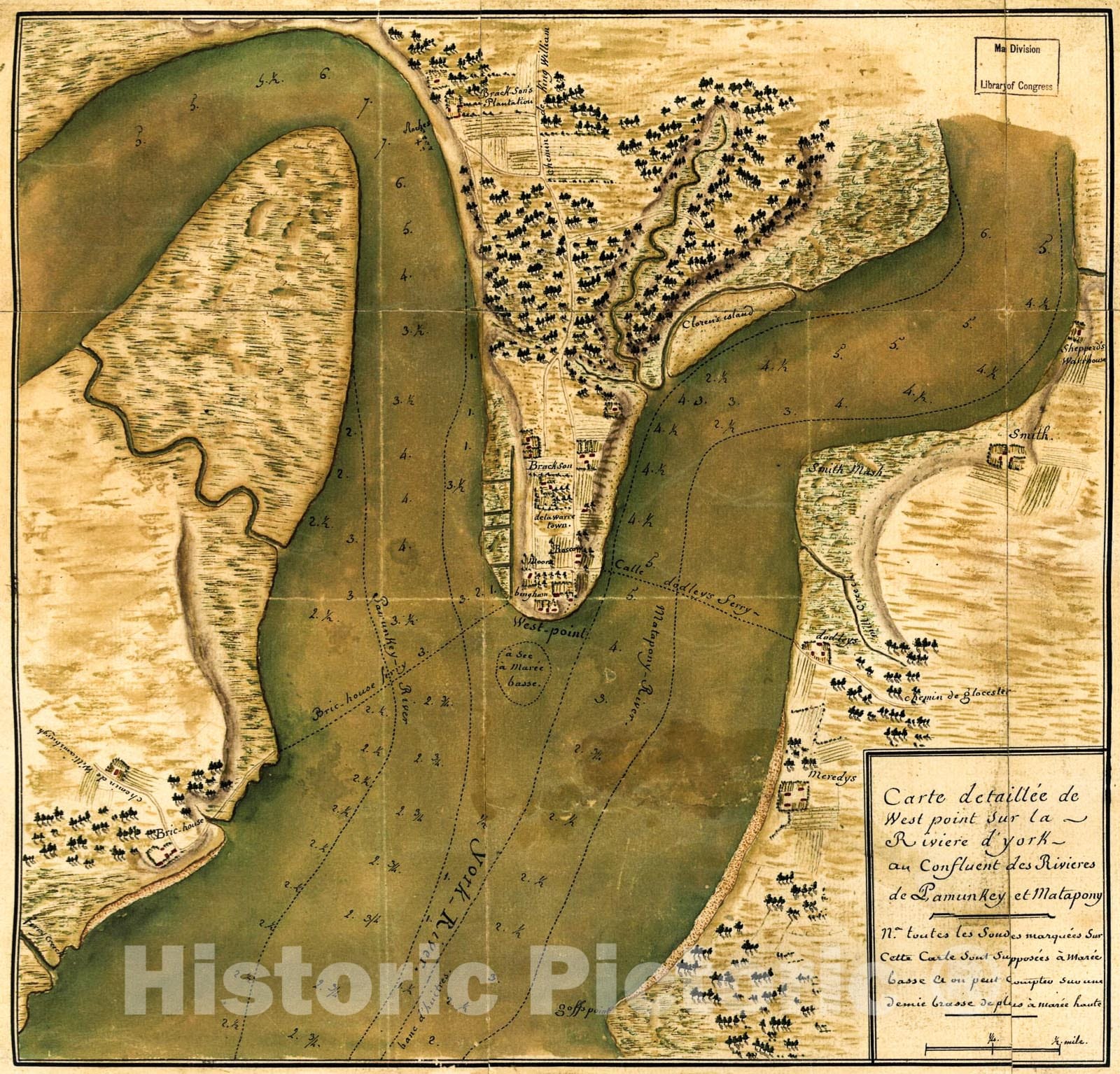 Historic 1781 Map - Carte detaillÃ©e de West Point sur la riviÃ¨re d'York au Confluent des RiviÃ¨res de Pamunkey et Matapony.