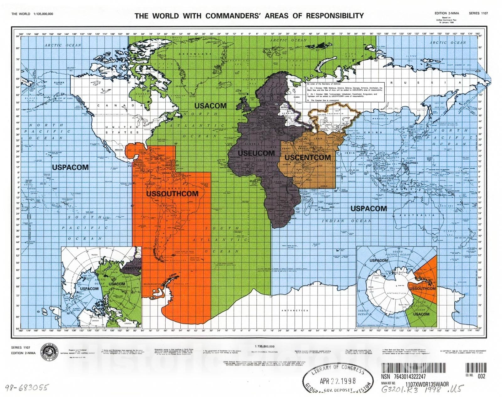 Historic 1998 Map - The World with Commanders' Areas of Responsibility