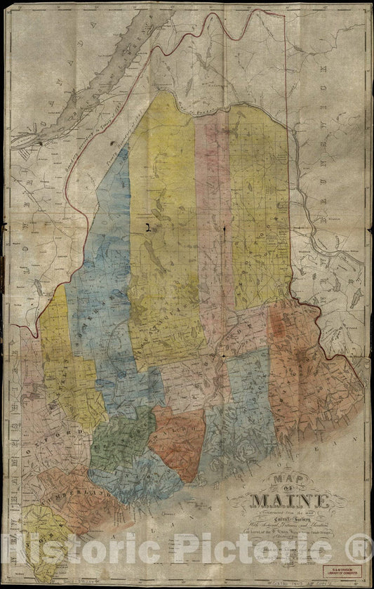 Historic 1843 Map - Map of Maine : Constructed from The Most Correct surveys with sectional Distances and elevations, or Level, of The St. Croix River from Calais Bridge