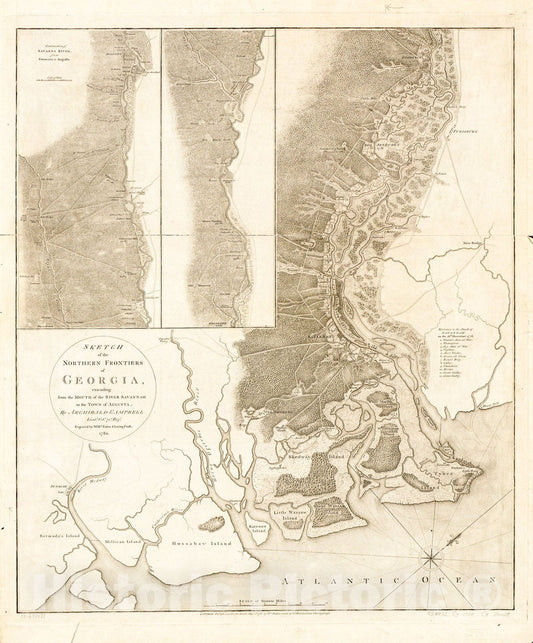 Historic 1780 Map - Sketch of The Northern Frontiers of Georgia, Extending from The Mouth of The River Savannah to The Town of Augusta,