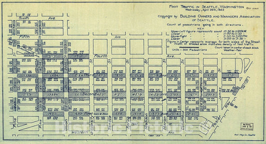 Historic 1922 Map - Foot Traffic in Seattle, Washington, Wednesday, April 26th, 1922.