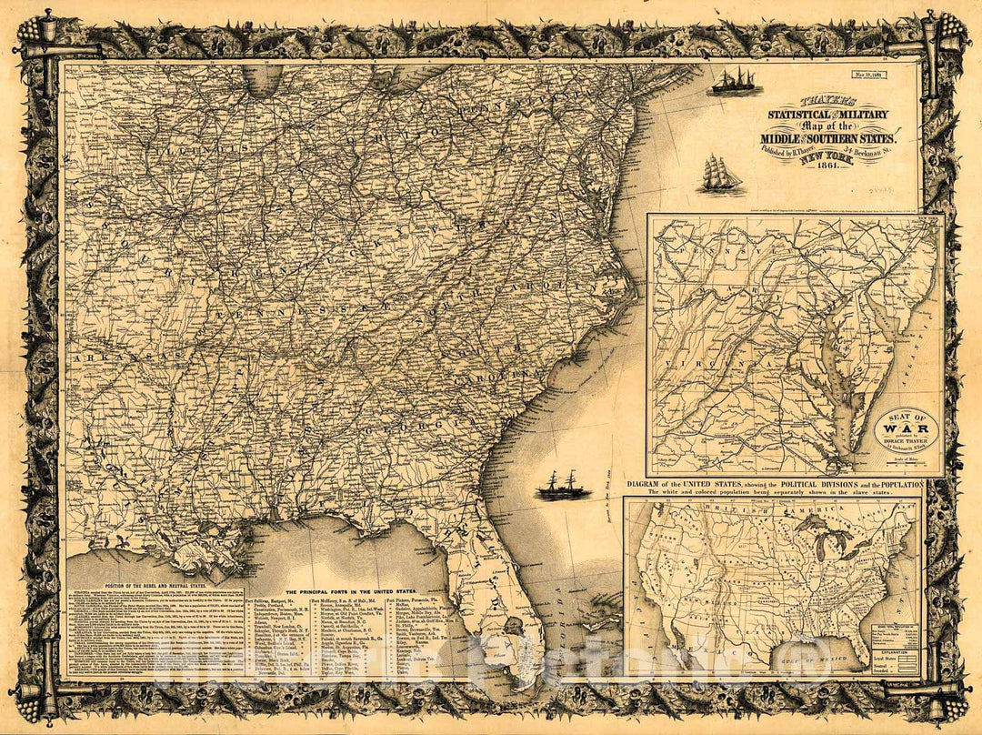 Historic 1861 Map - Thayer's Statistical and Military map of The Middle and Southern States.