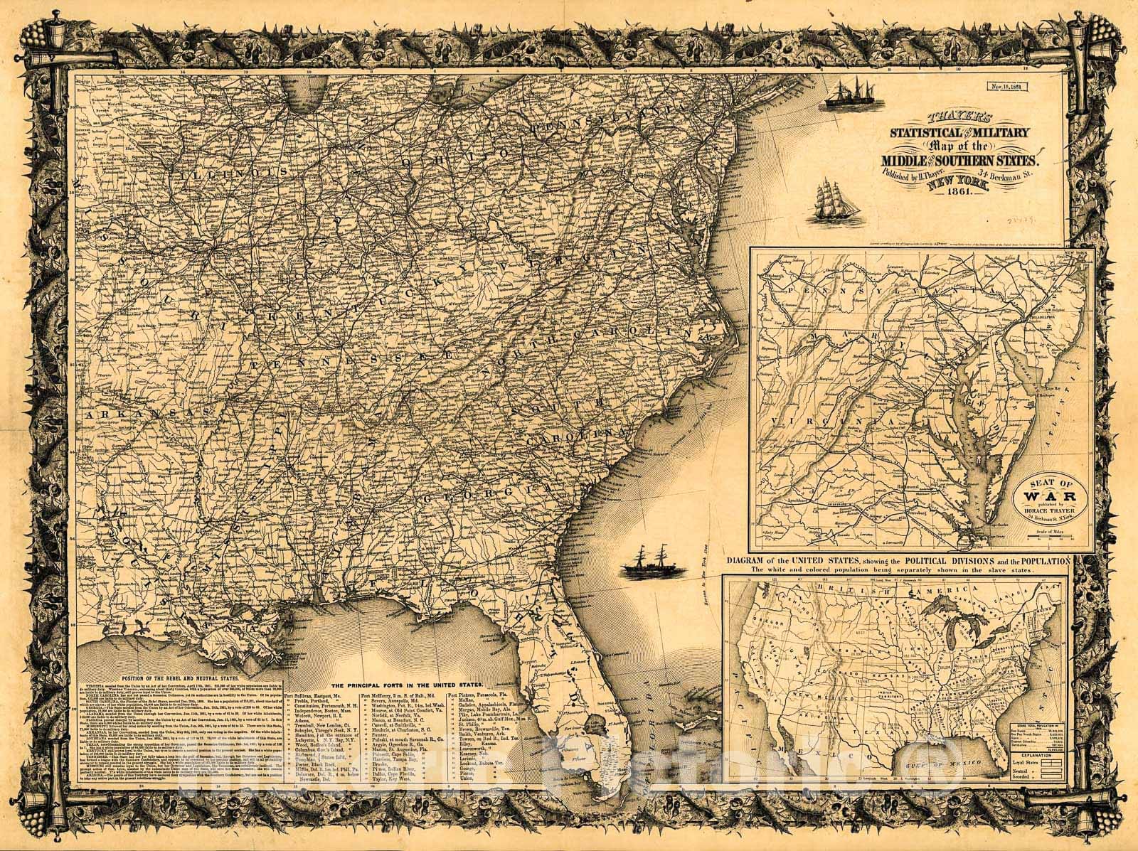 Historic 1861 Map - Thayer's Statistical and Military map of The Middle and Southern States.