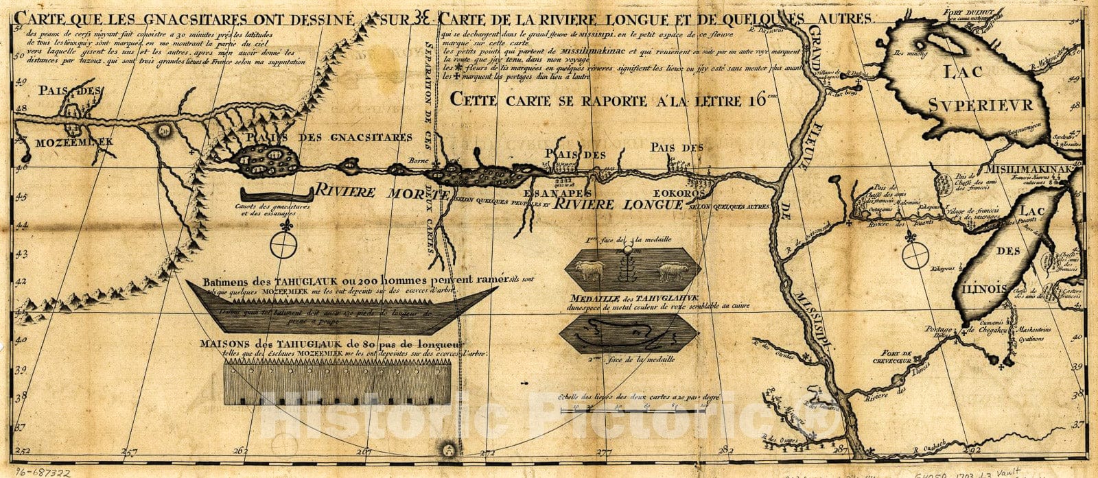 Historic 1703 Map - Carte de la Riviere Longue : et de quelques autres, qui se dechargent Dans le Grand fleuve de Missisipi sic ; Carte que les Gnacsitares