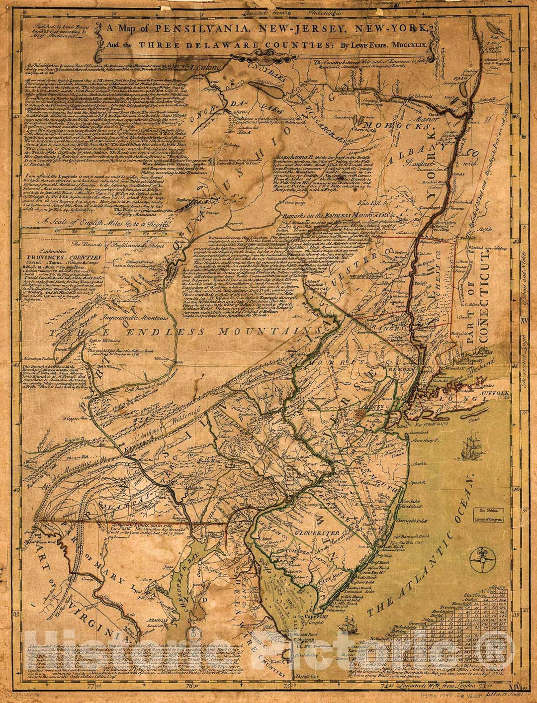 Historic 1749 Map - A map of Pensilvania, New-Jersey, New-York, and The Three Delaware Counties. 2