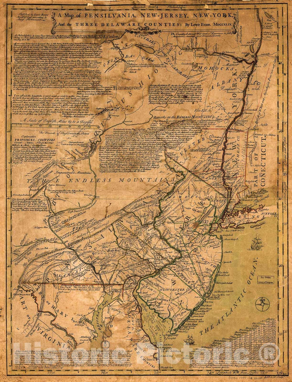Historic 1749 Map - A map of Pensilvania, New-Jersey, New-York, and The Three Delaware Counties. 2