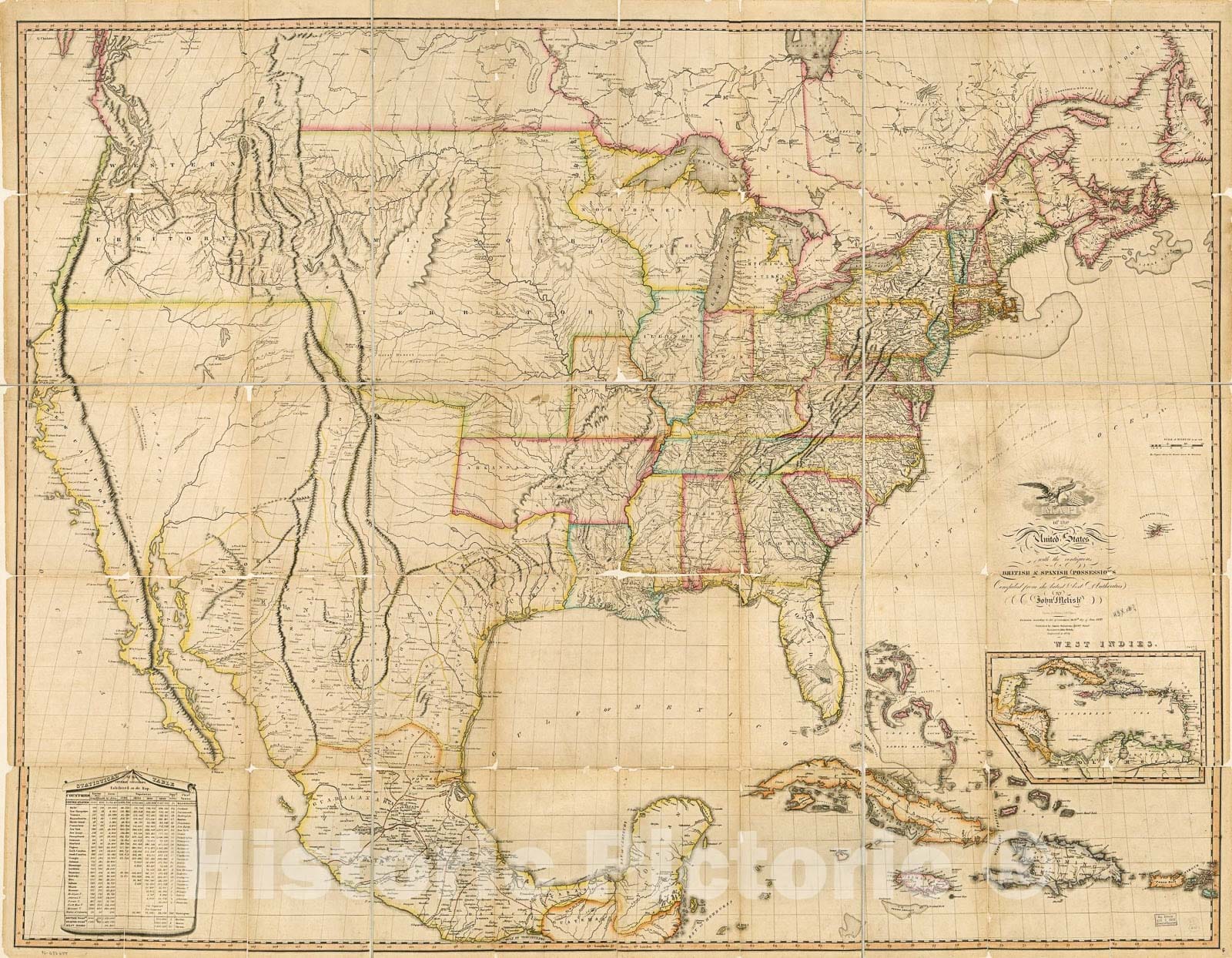 Historic 1823 Map - Map of The United States of America : with The contiguous British and Spanish Possessions