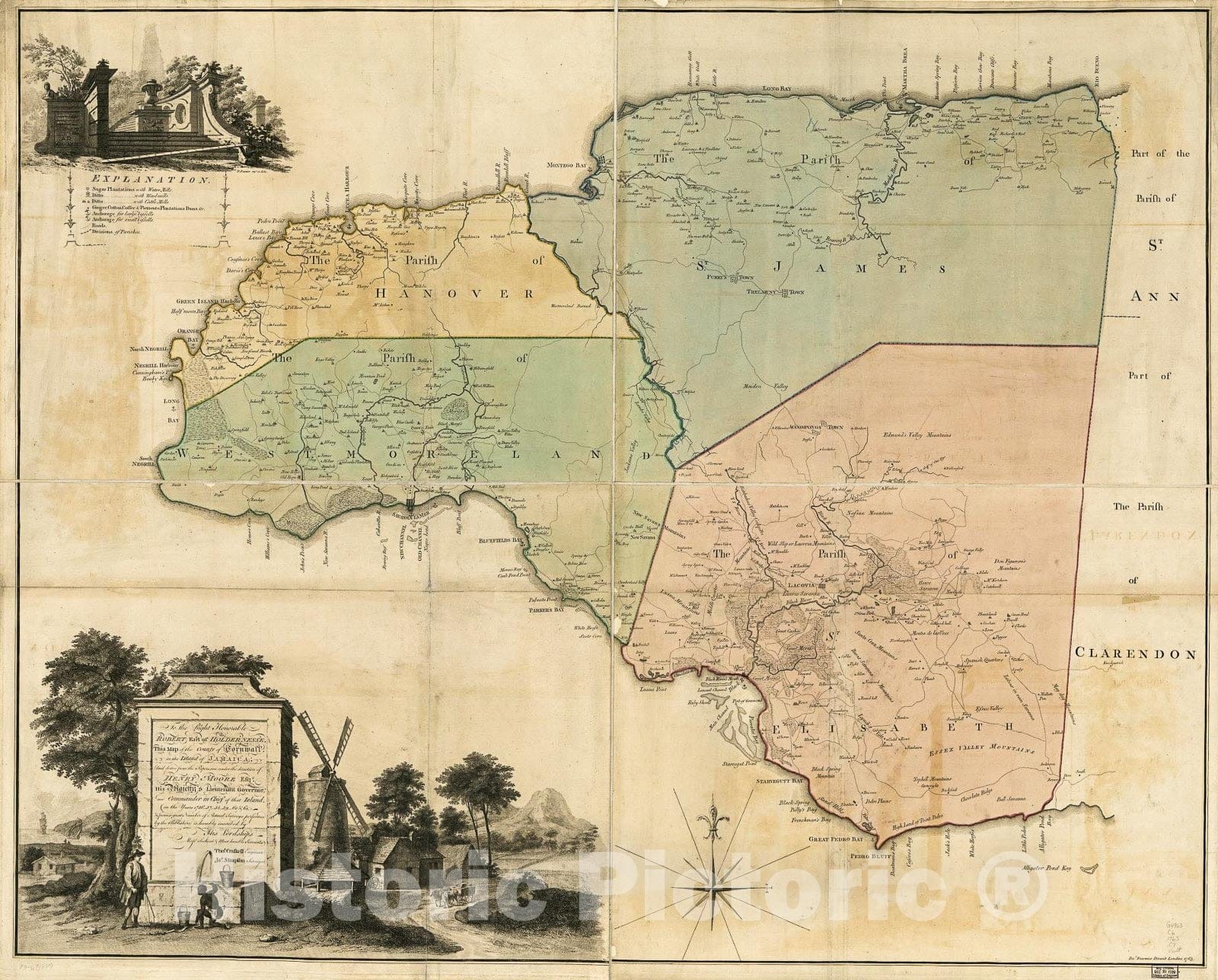 Historic 1763 Map - This map of The County of Cornwall, in The Island of Jamaica