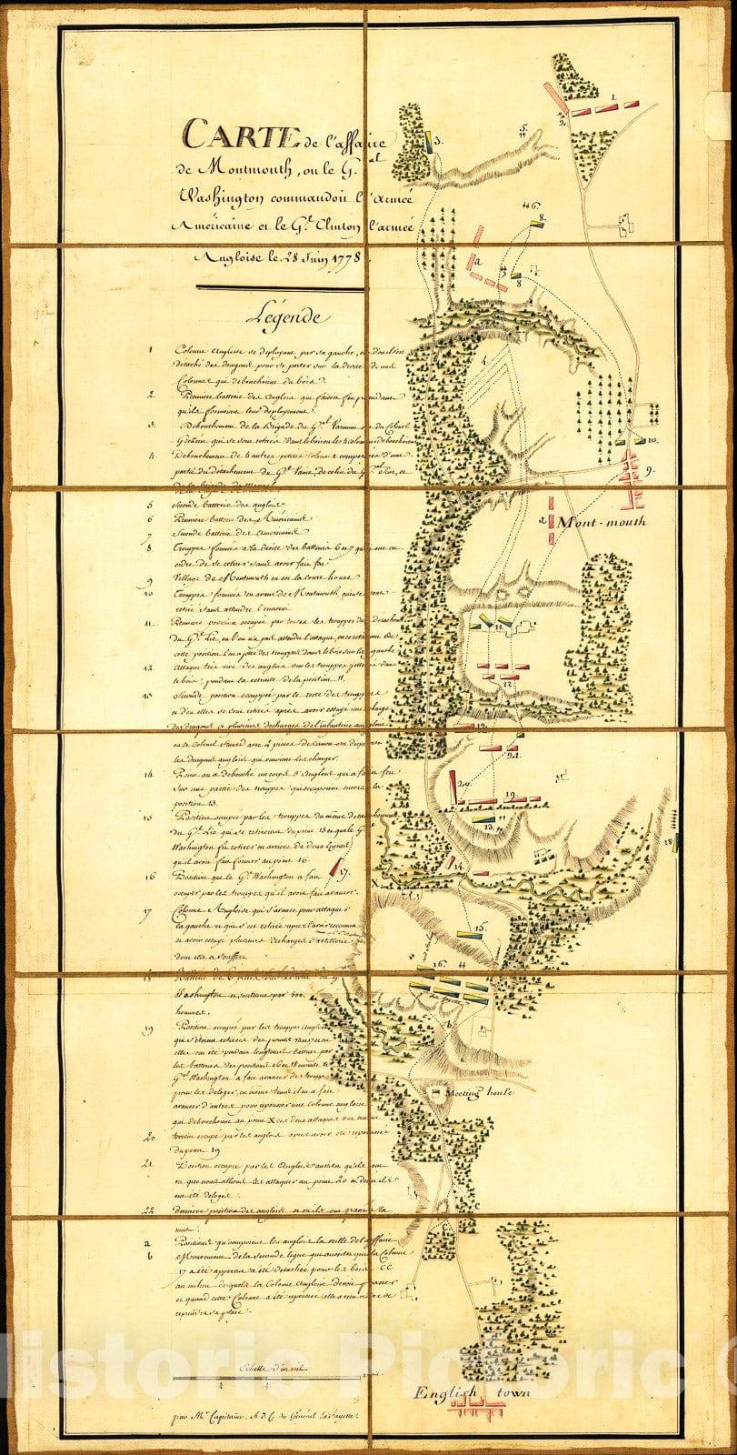 Historic 1778 Map - Carte de l'affaire de Montmouth : ou le G'al Washington commandon l'armÃ©e amÃ©ricaine et le G'l Clinton l'armÃ©e angloise le 28 juin 1778