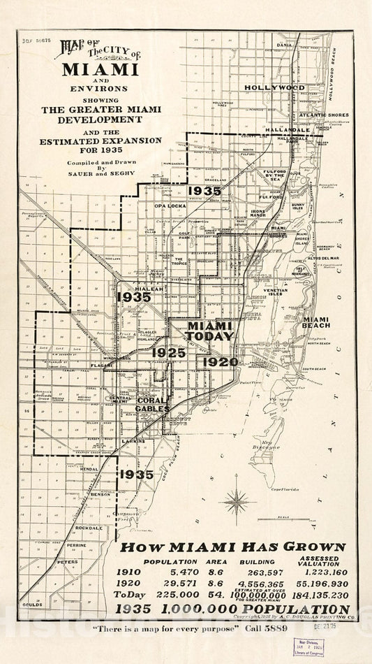 Historic 1925 Map - Map of The City of Miami and Environs : Showing The Greater Miami Development and The Estimated Expansion for 1935