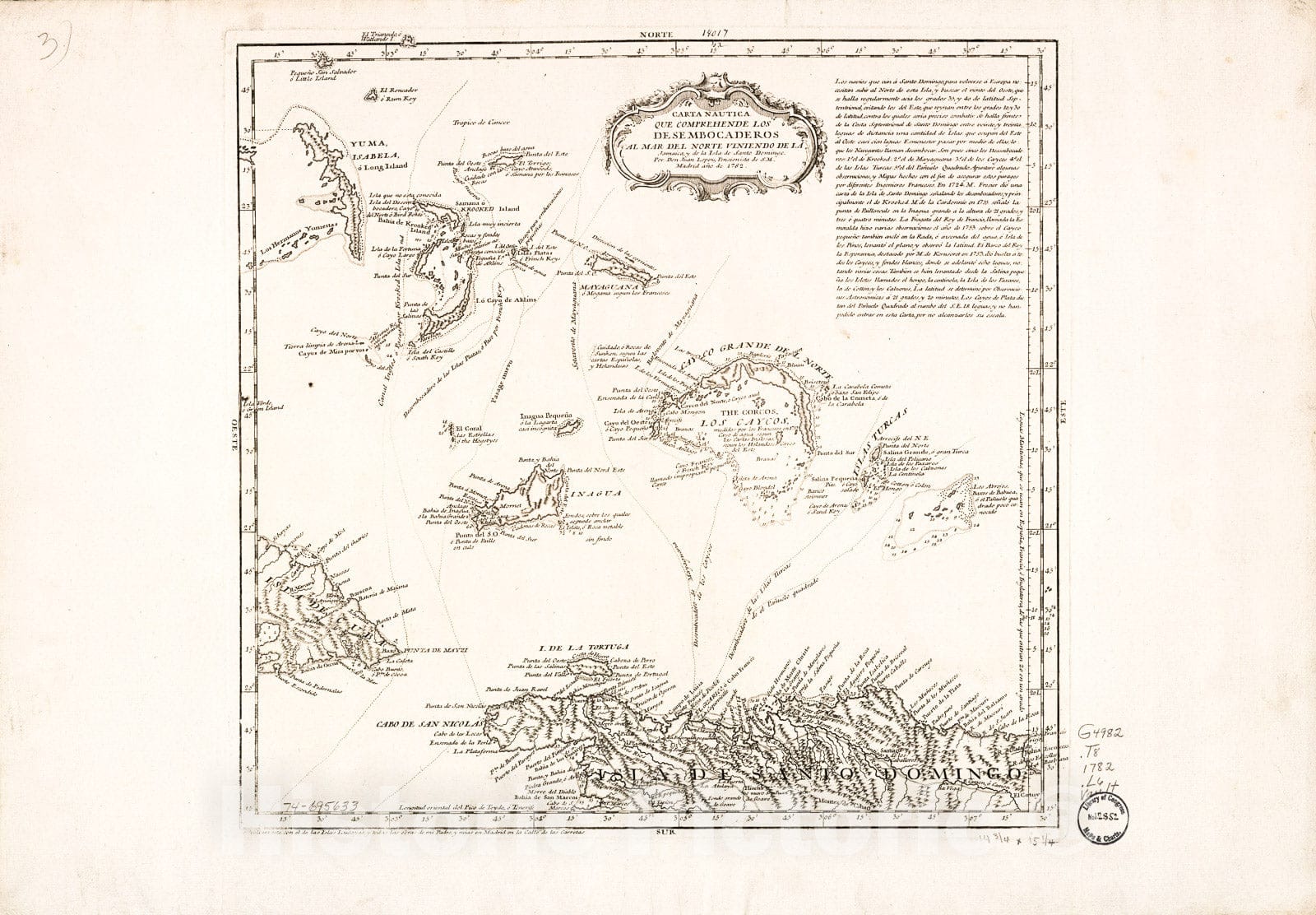 Historic 1782 Map - Carta Nautica que comprehende Los Desembocaderos al mar del Norte viniendo de la Jamaica, y de la isla de Santo Domingo.