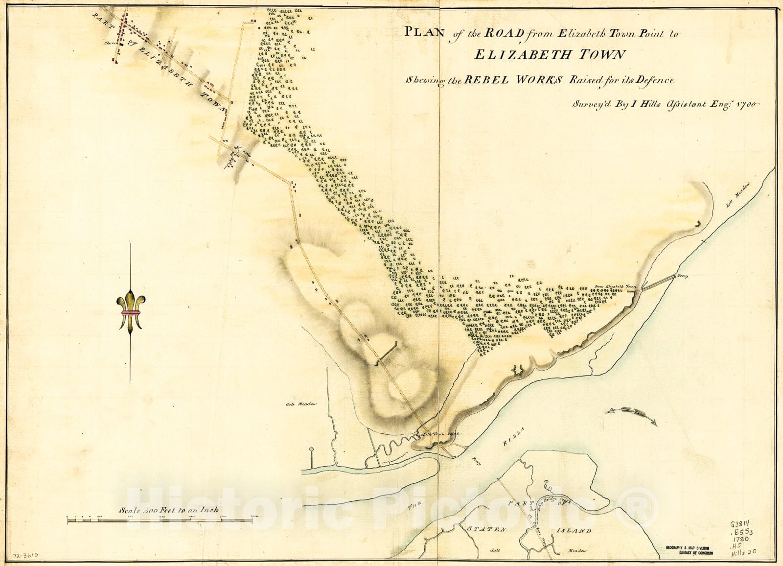 Historic 1780 Map - Plan of The Road from Elizabeth Town Point to Elizabeth Town : shewing The Rebel Works Raised for its Defence