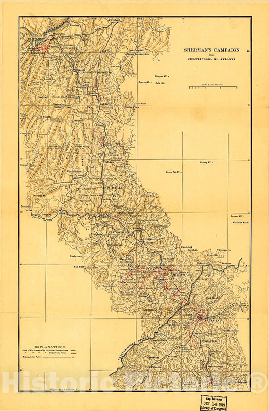 Historic 1864 Map - Sherman's Campaign from Chattanooga to Atlanta 1864