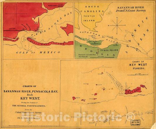 Historic 1861 Map - Charts of Savannah River, Pensacola Bay, and Key West. Showing The Positions of The Several fortifications. from The United States Coast Survey
