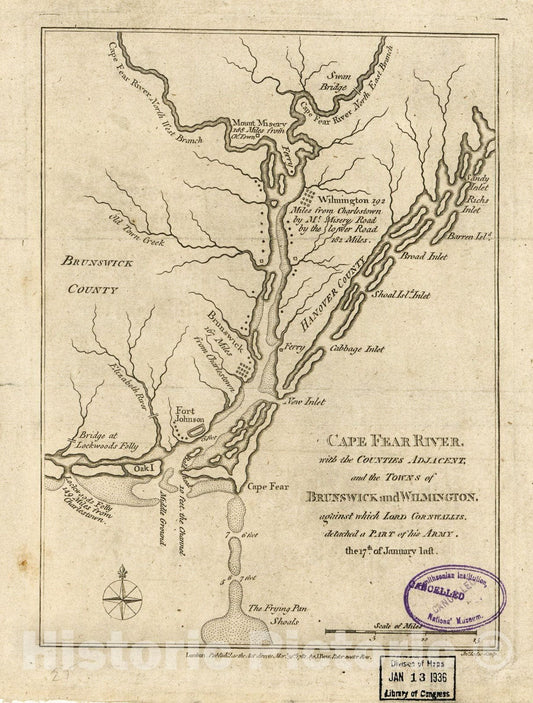 Historic 1781 Map - Cape Fear River, with The Counties Adjacent, and The Towns of Brunswick and Wilmington, Against which Lord Cornwallis, Detached a Part of his Army