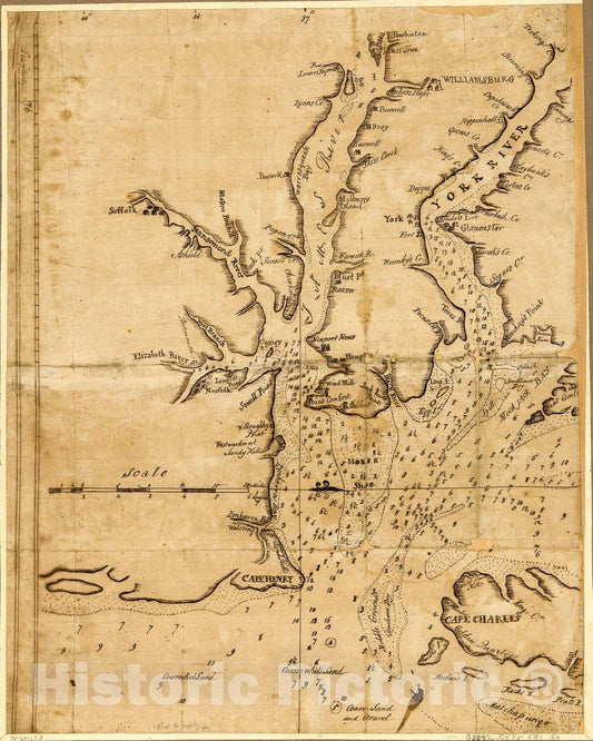 Historic 1781 Map - Chart Showing The Depth of The James and York Rivers as They Enter Chesapeake Bay, with Towns Adjacent.