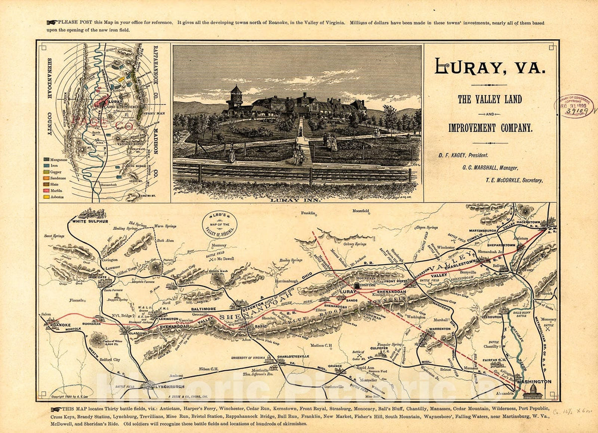 Historic 1890 Map - Lee's map of The Valley of Virginia.