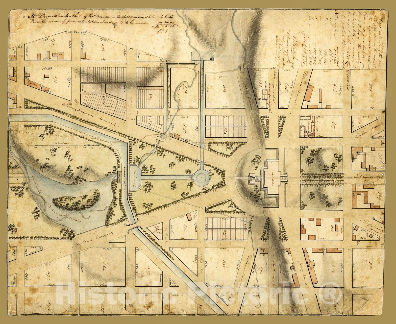 Historic 1815 Map - Map exhibiting The Property of The U.S. in The Vicinity of The Capitol : Colored red, with The Manner in which it is Proposed to Lay Off The Same in Building Lots