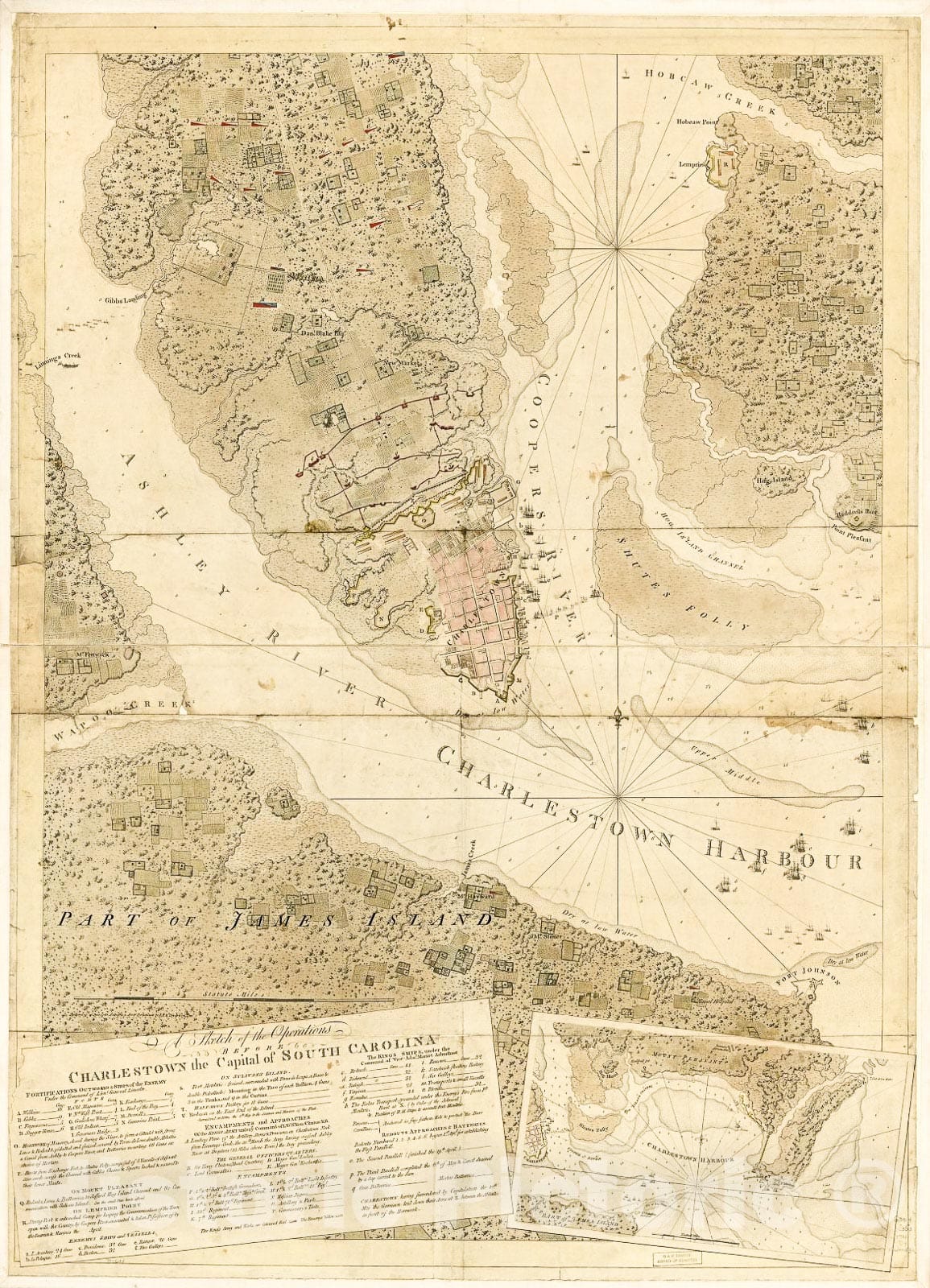 Historic 1780 Map - A Sketch of The Operations Before Charlestown, The Capital of South Carolina. 2
