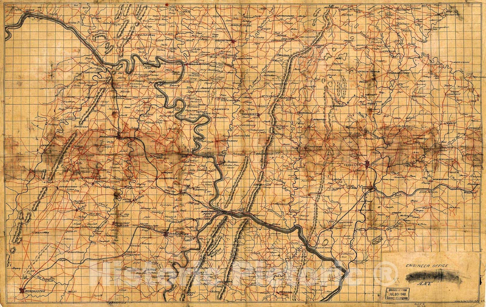 Historic 1860 Map - Map of portions of Virginia, West Virginia, and Maryland, Centering on Harpers Ferry and Including Winchester, Hancock, Emmitsburg, and Ridgeville, Maryland.