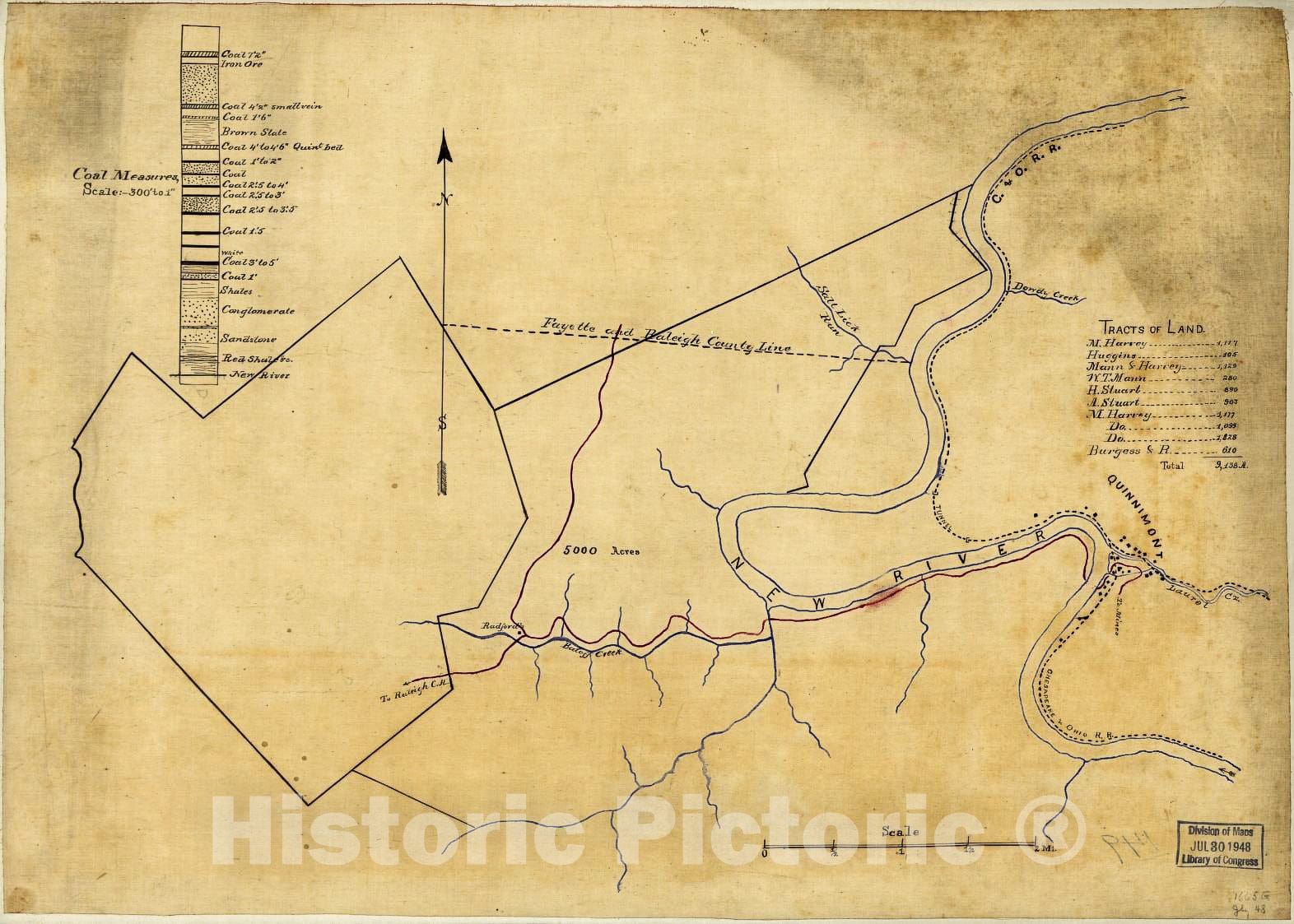 Historic 1880 Map - Survey of a Tract of 9,138 Acres of Coal Lands on The New River in Raleigh County, West Virginia, west of Quinnimont
