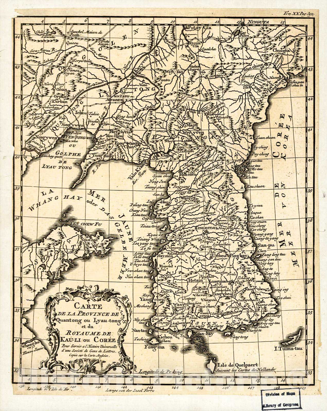 Historic 1750 Map - Carte de la Province de Quantong ou Lyau-Tong et du Royaume de Kau-li ou CorÃ©e