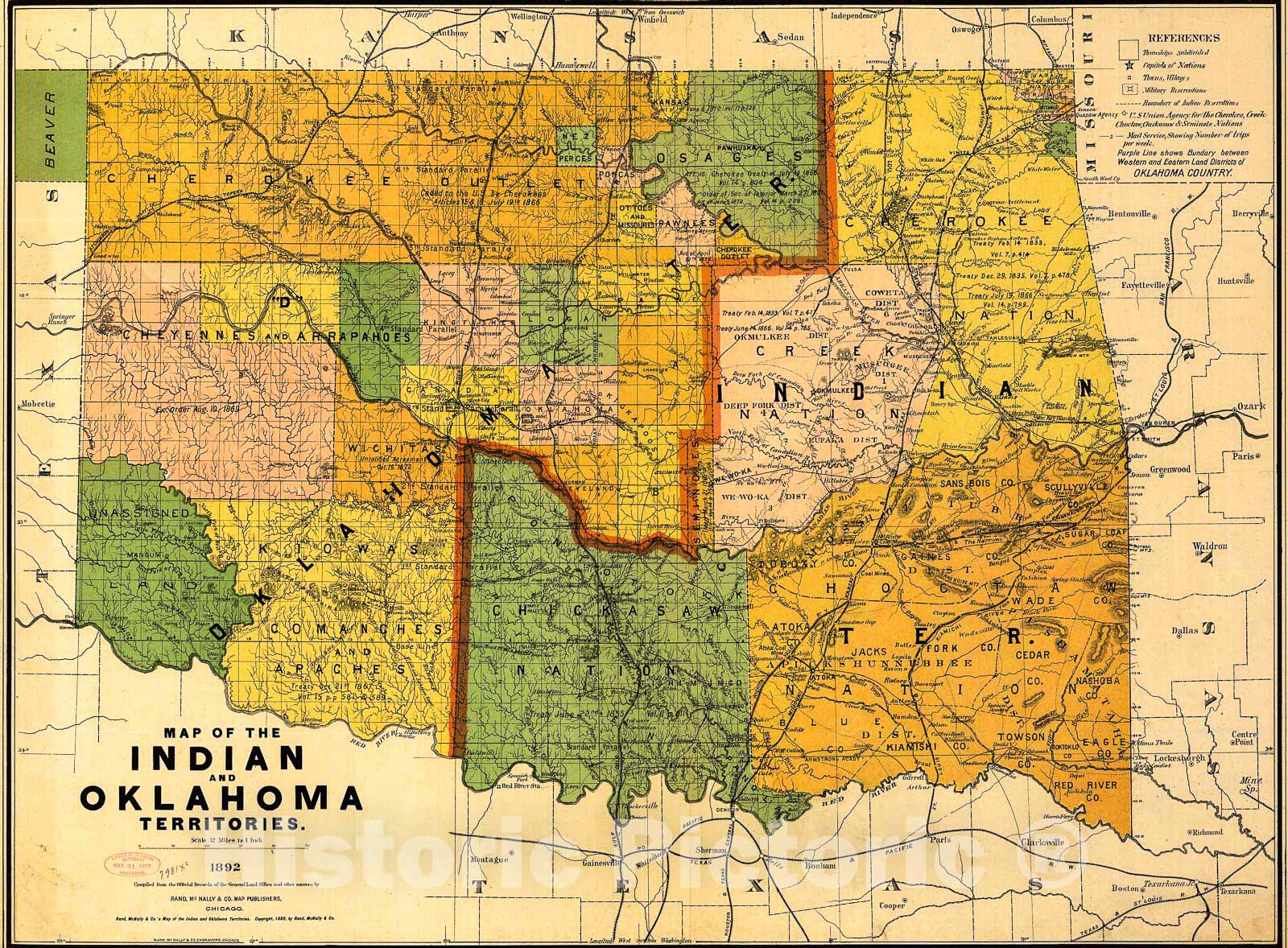 Historic 1892 Map - Map of The Indian and Oklahoma Territories.