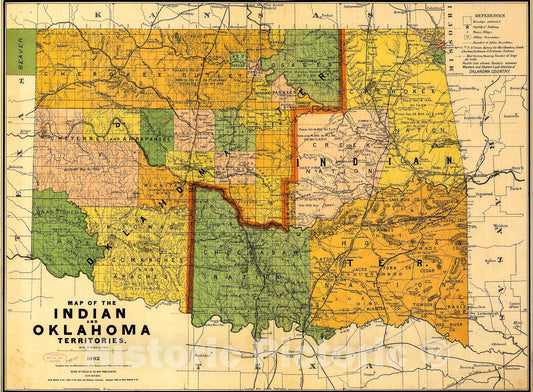 Historic 1892 Map - Map of The Indian and Oklahoma Territories.