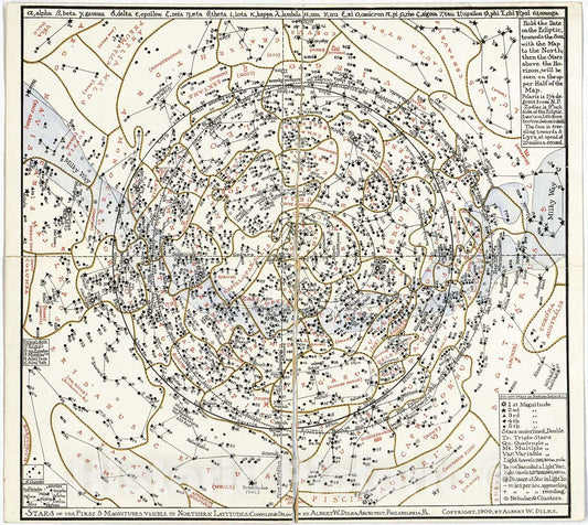 Historic 1909 Map - Stars of The First 5 magnitudes Visible in Northern latitudes 1