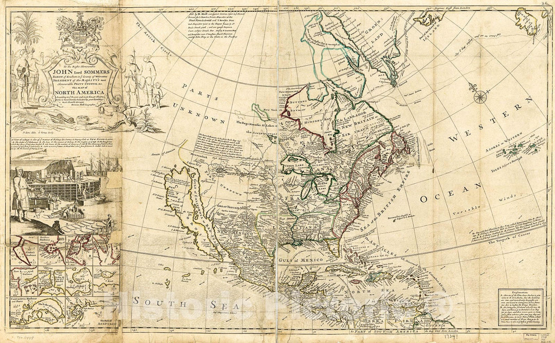 Historic 1715 Map - This map of North America, According to ye Newest and Most Exact observations is Most Humbly Dedicated by Your Lordship's Most Humble Servant Herman Moll, Geographer