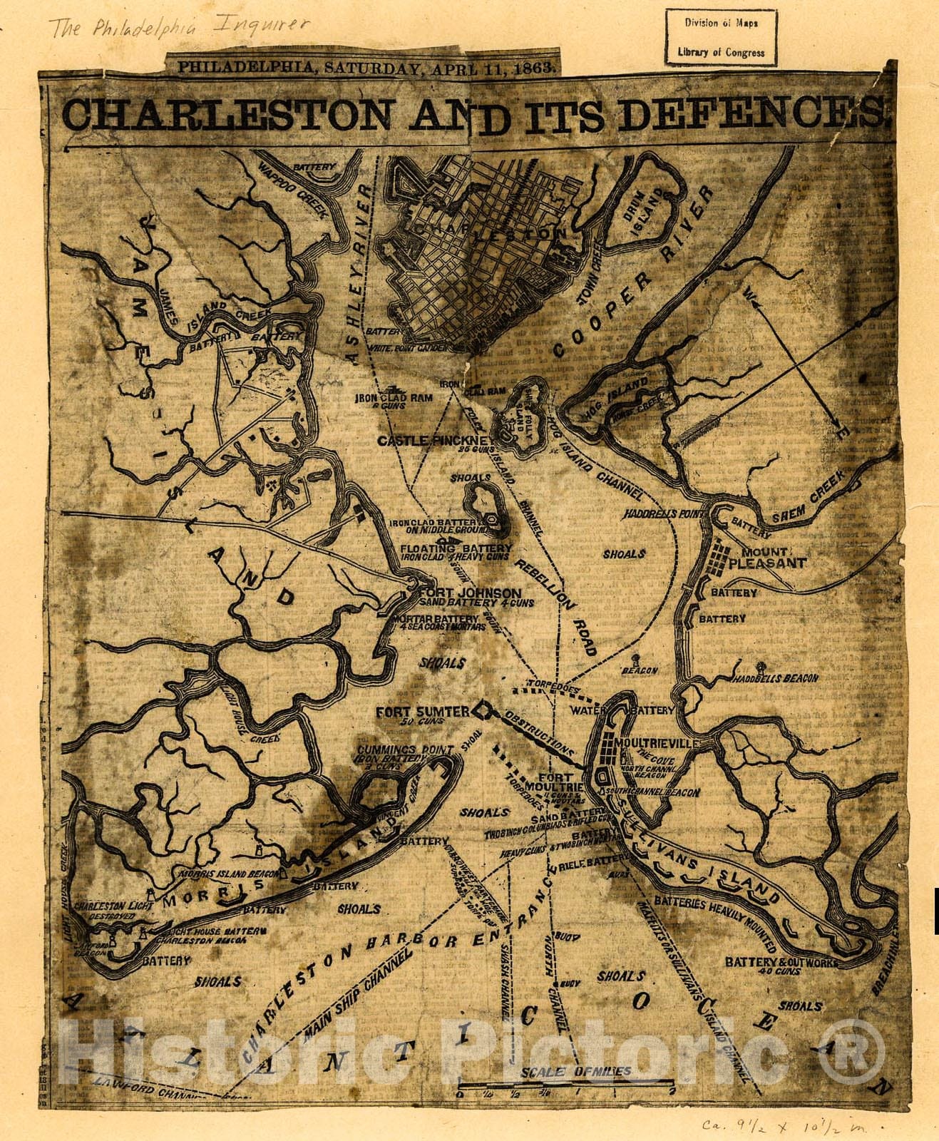 Historic 1863 Map - Charleston and its defences.