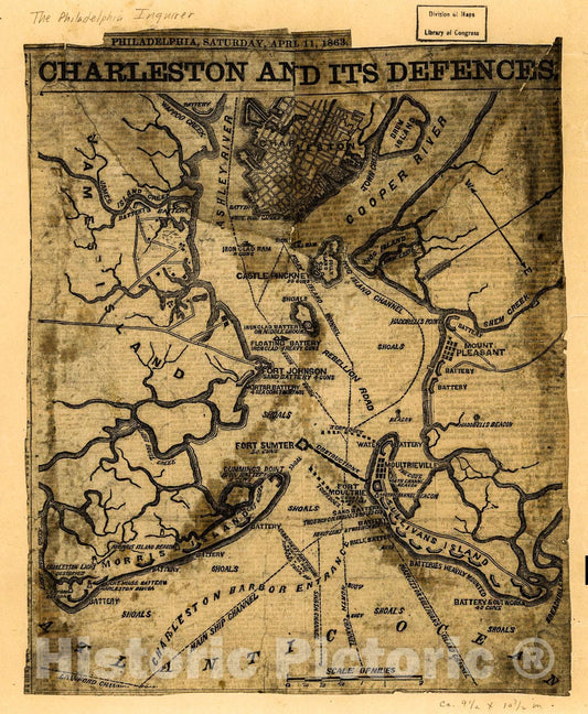 Historic 1863 Map - Charleston and its defences.