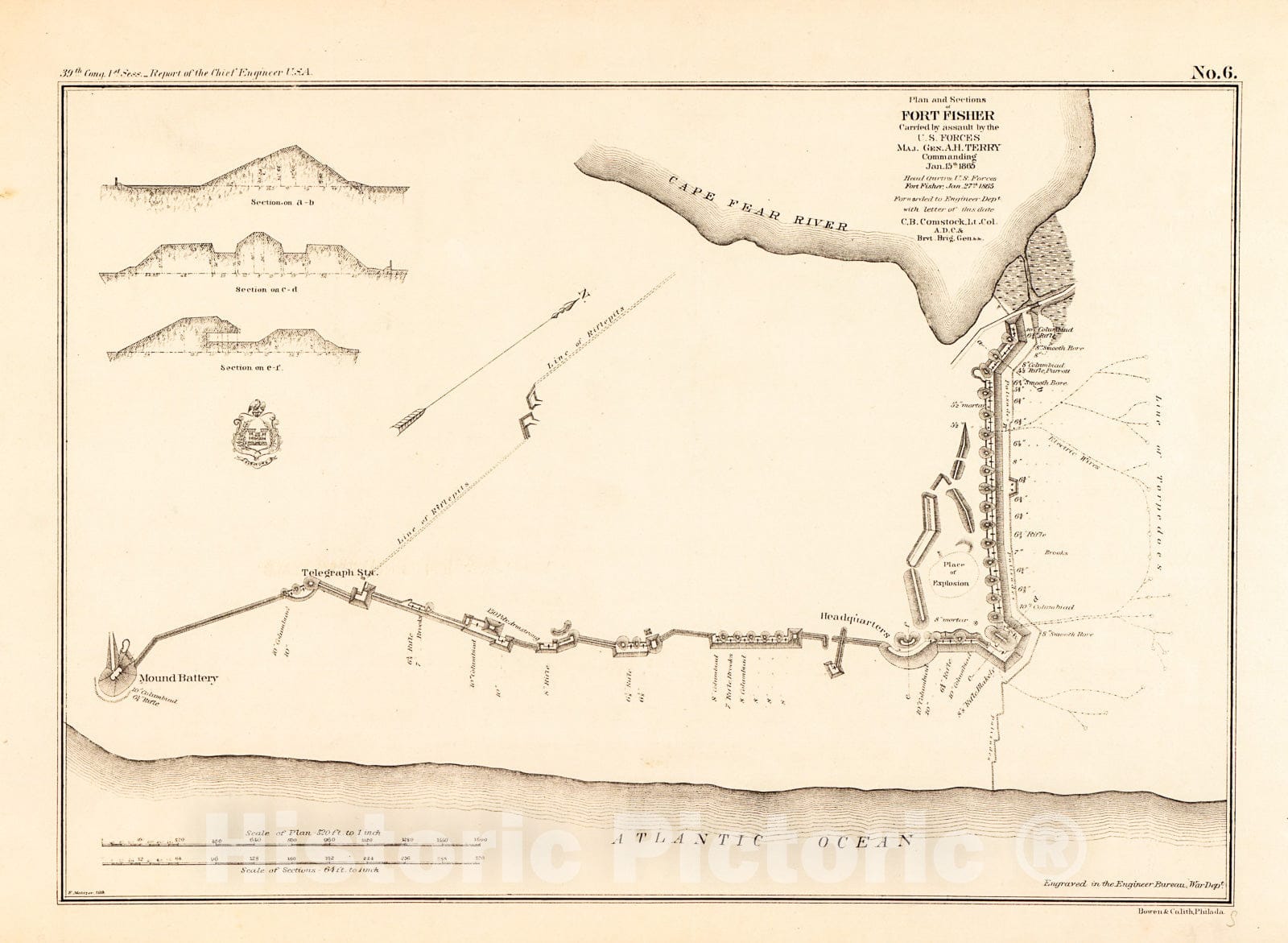 Historic 1865 Map - Plan and Sections of Fort Fisher, Carried by Assault by The U.S. Forces, Maj. Gen. A.H. Terry Commanding, Jan. 15th, 1865