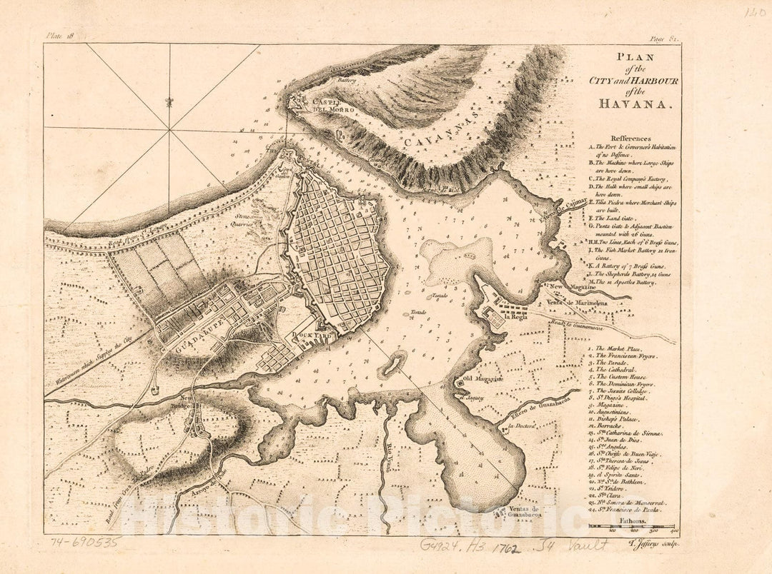 Historic 1762 Map - Plan of The City and Harbour of The Havana.
