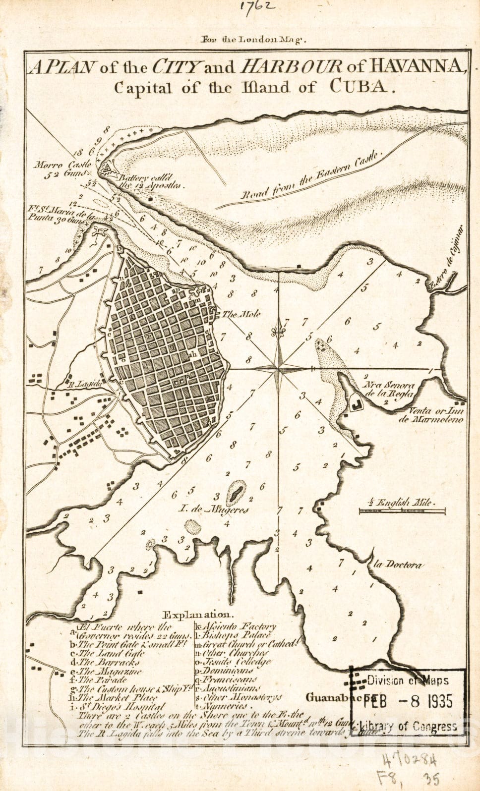 Historic 1762 Map - A Plan of The City and Harbour of Havanna, Capital of The Island of Cuba.