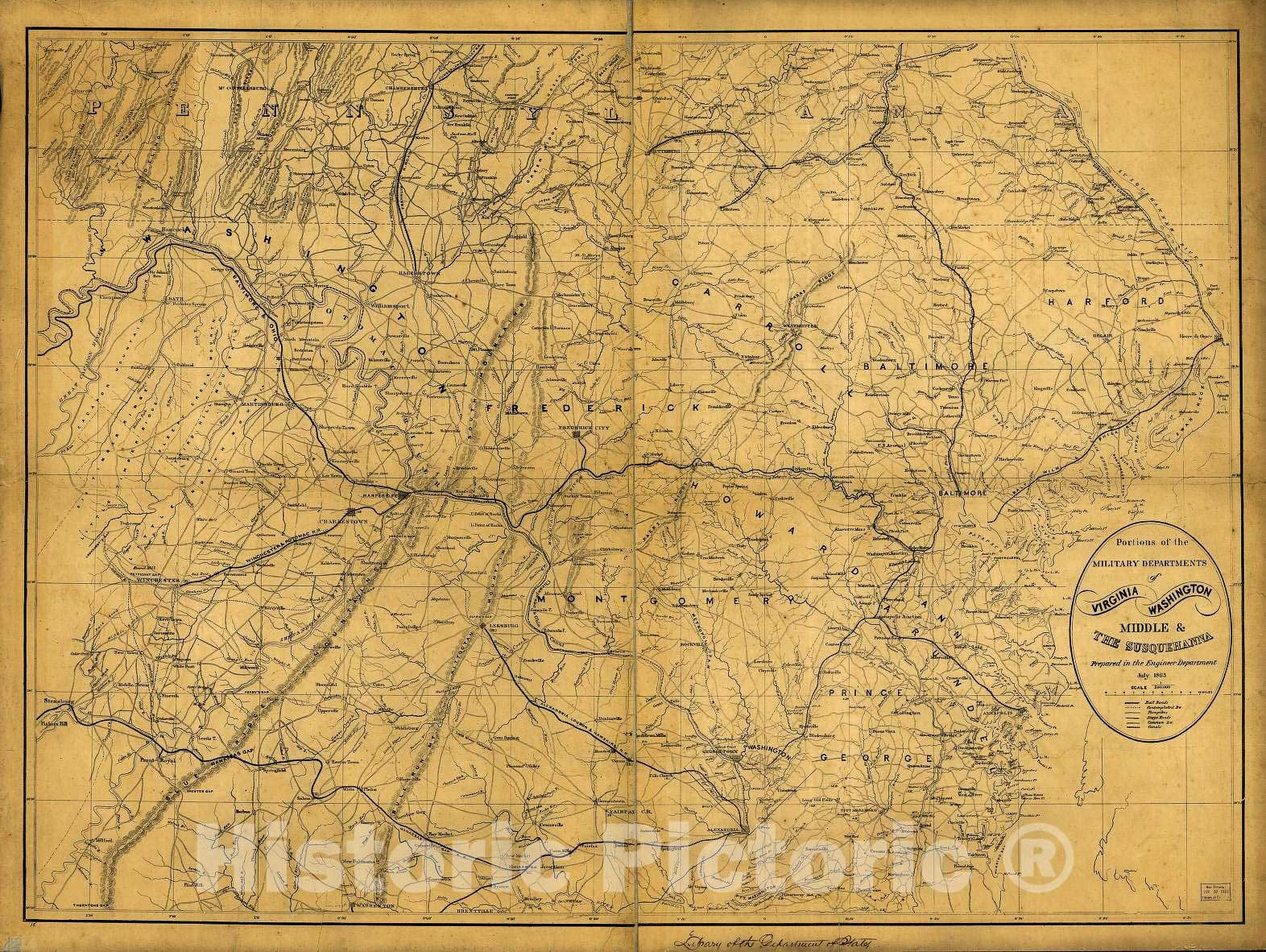 Historic 1863 Map - Portions of The Military Departments of Virginia, Washington, Middle & The Susquehanna, 1