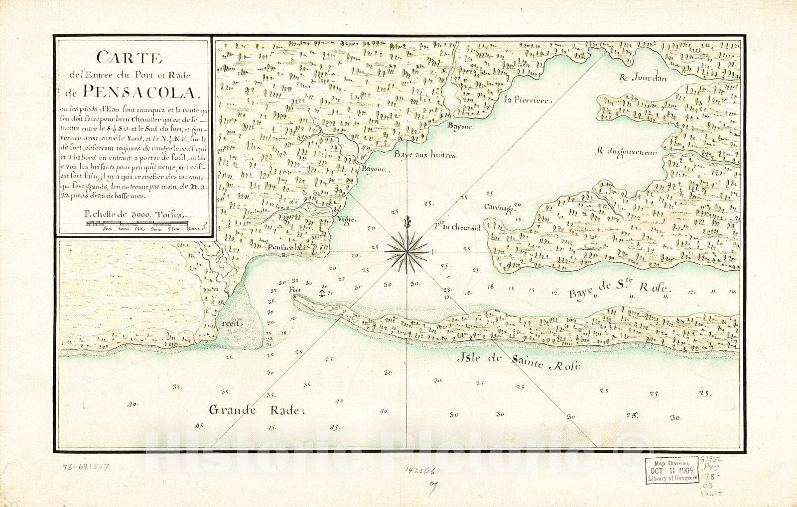 Historic 1780 Map - Carte de l'entrÃ©e du Port et Rade de Pensacola.