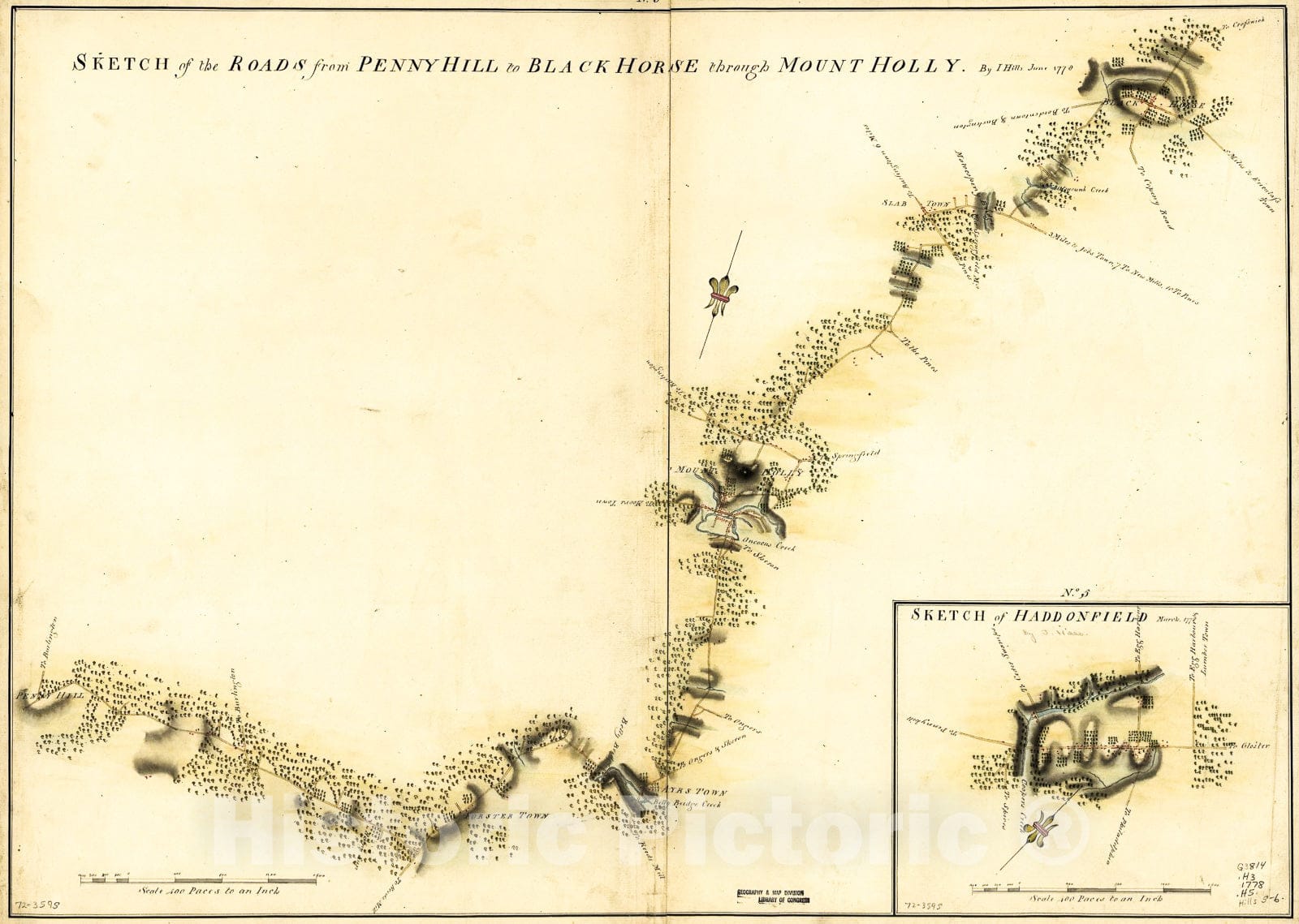 Historic 1778 Map - Sketch of Haddonfield, March 1778. Sketch of The Roads from Pennyhill to Black Horse Through Mount Holly.