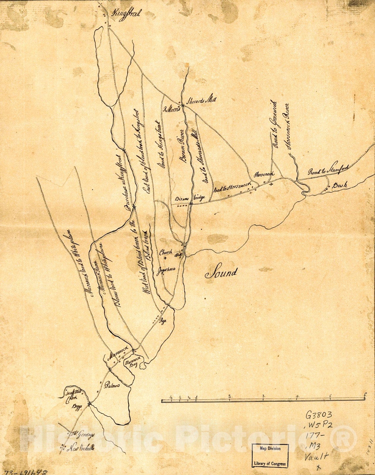 Historic 1770 Map - Map of The Roads from New Rochelle to Kingstreet, Westchester County.