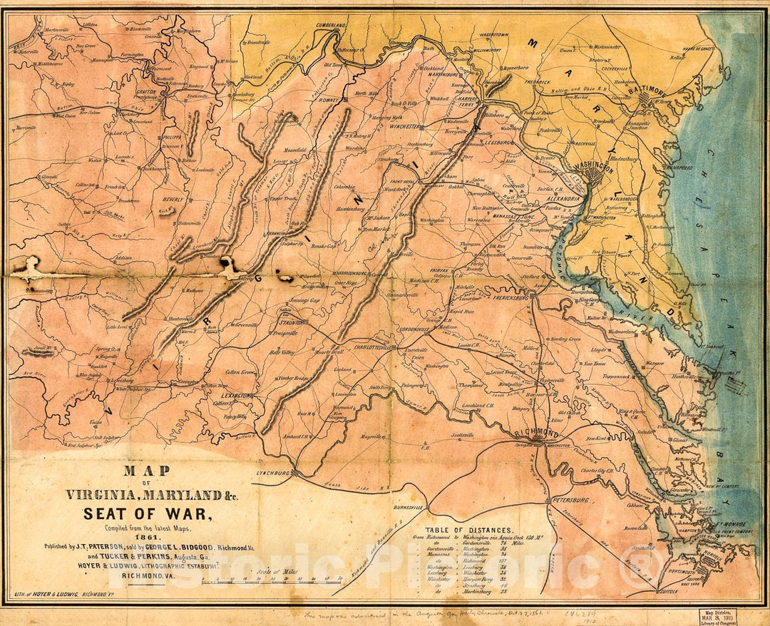Historic 1861 Map - Map of Virginia, Maryland &c, seat of war, compiled from The Latest maps, 1861