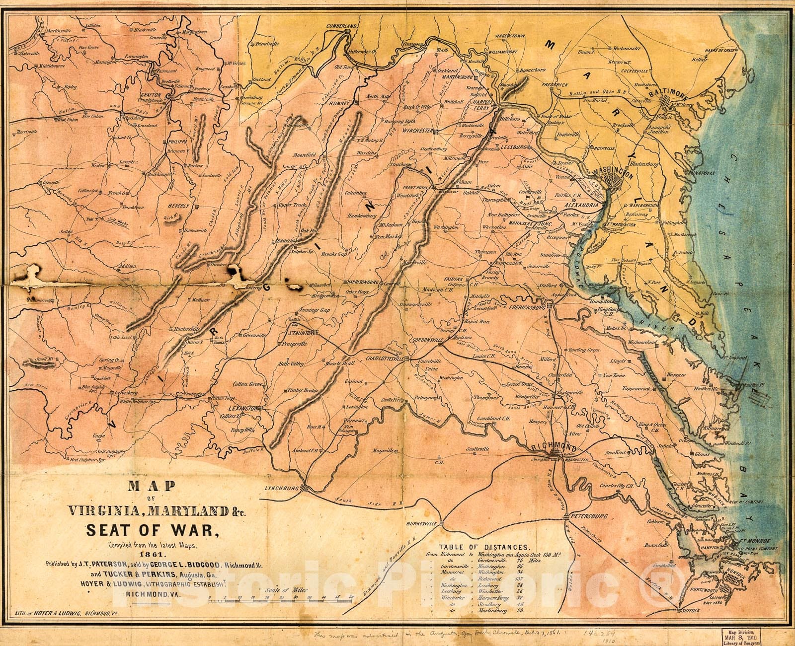Historic 1861 Map - Map of Virginia, Maryland &c, seat of war, compiled from The Latest maps, 1861