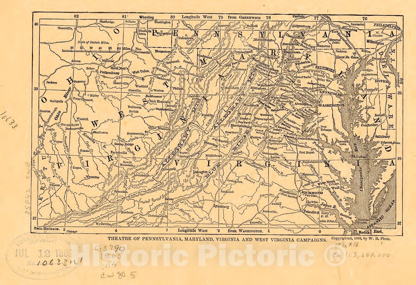 Historic 1882 Map - Theatre of Pennsylvania, Maryland, Virginia and West Virginia campaigns. 1861-65