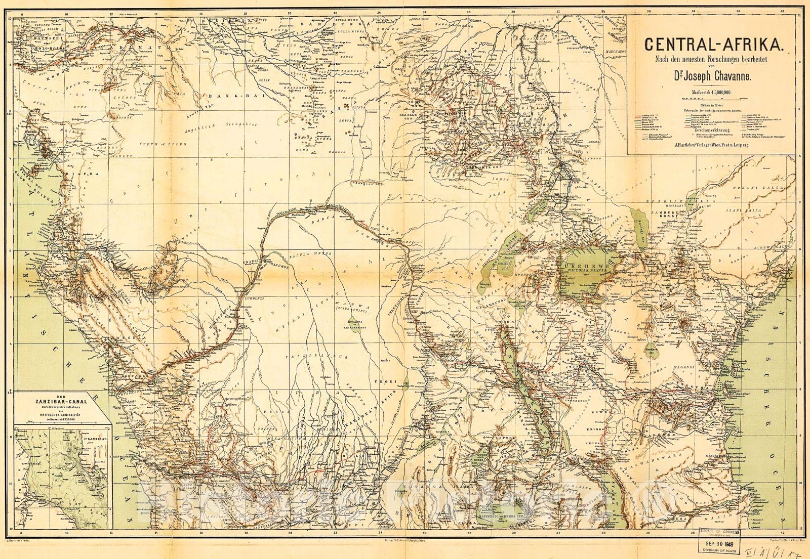 Historic 1885 Map - Central-Afrika nach den neuesten Forschungen bearbeitet von Dr. Joseph Chavanne.