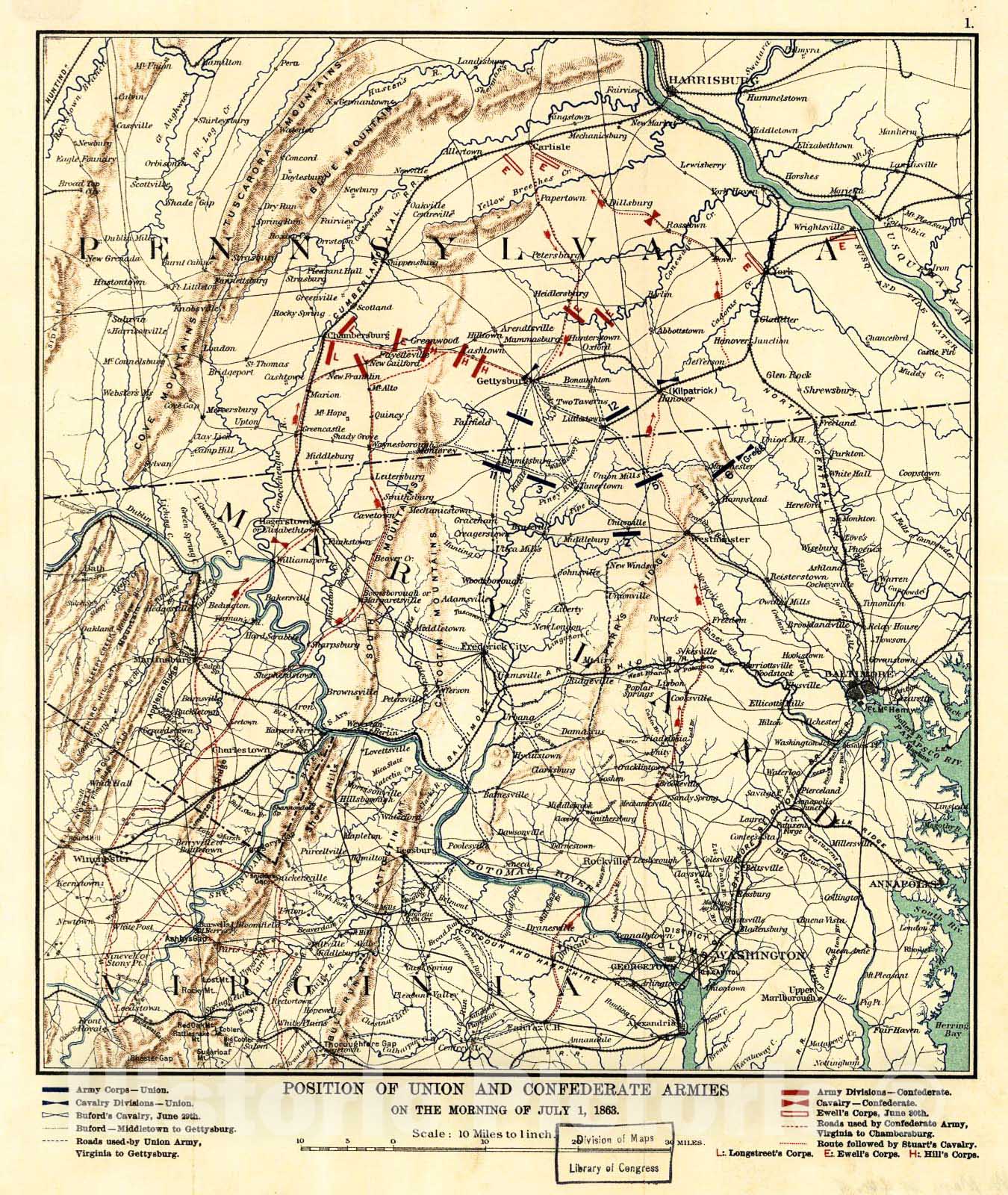 Historic 1863 Map - Position of Union and Confederate Armies on The Morning of July 1, 1863.