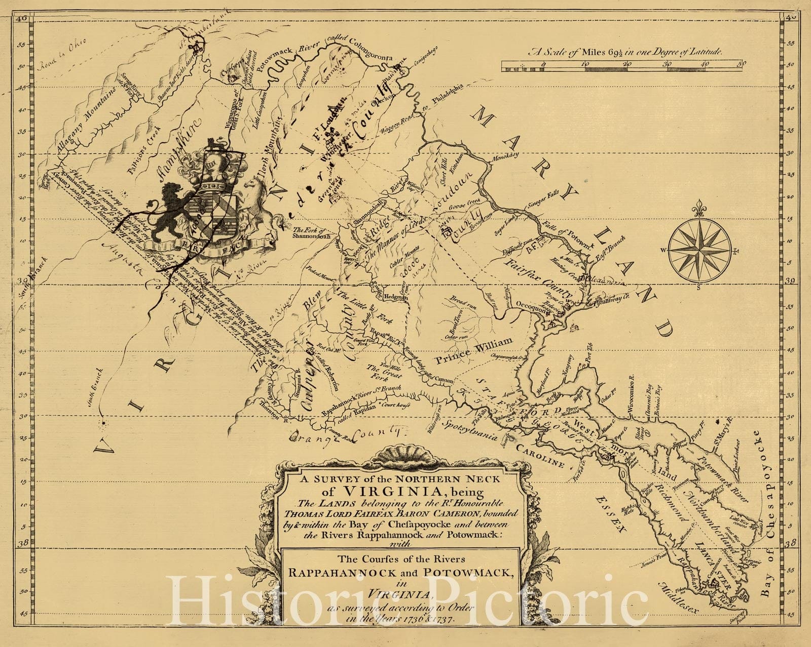 Historic 1747 Map - A Survey of The Northern Neck of Virginia Bounded by & Within The Bay of Chesapoyocke 2